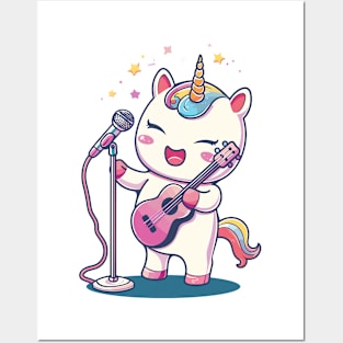 cute unicorn as a musician Posters and Art